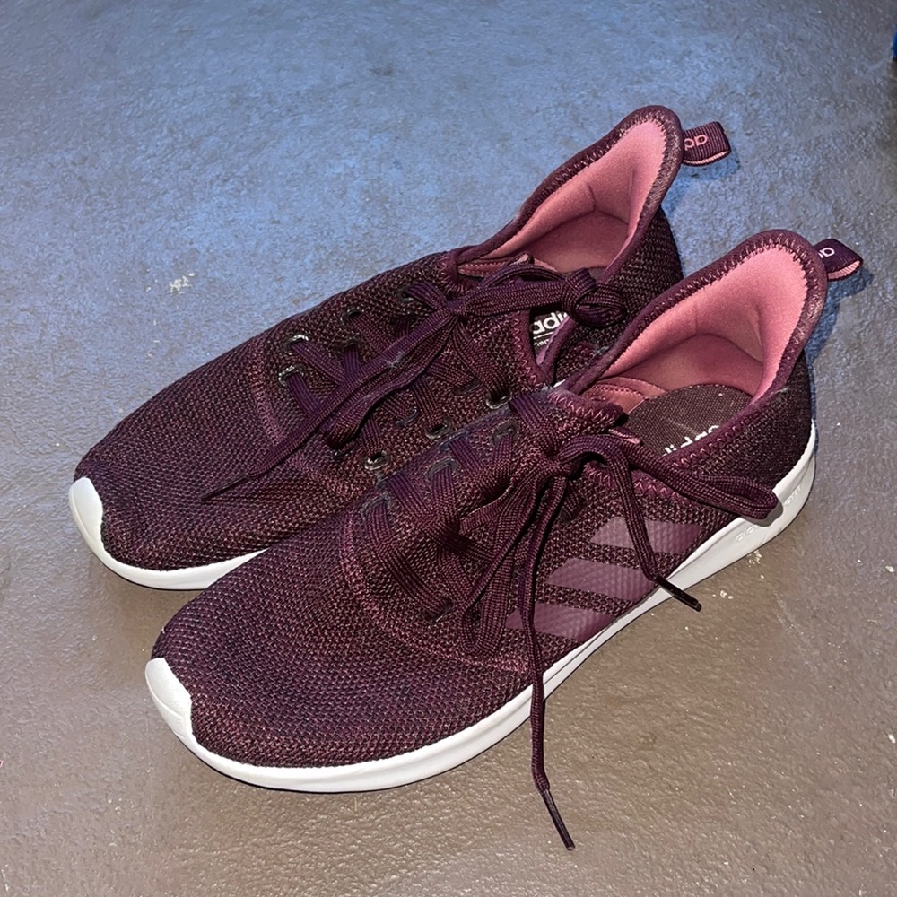 Burgundy purple adidas running / walking shoes